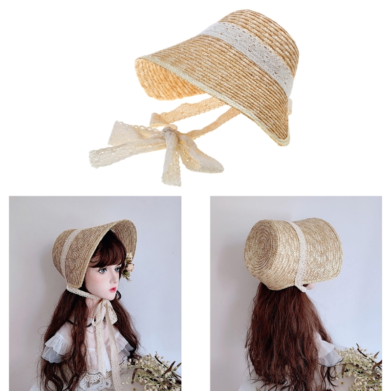 Bucket Hat Straw - สาวหวาน Sun LolitaStyle SummerBeach หมวกฟางถ่ายภาพ Headdress