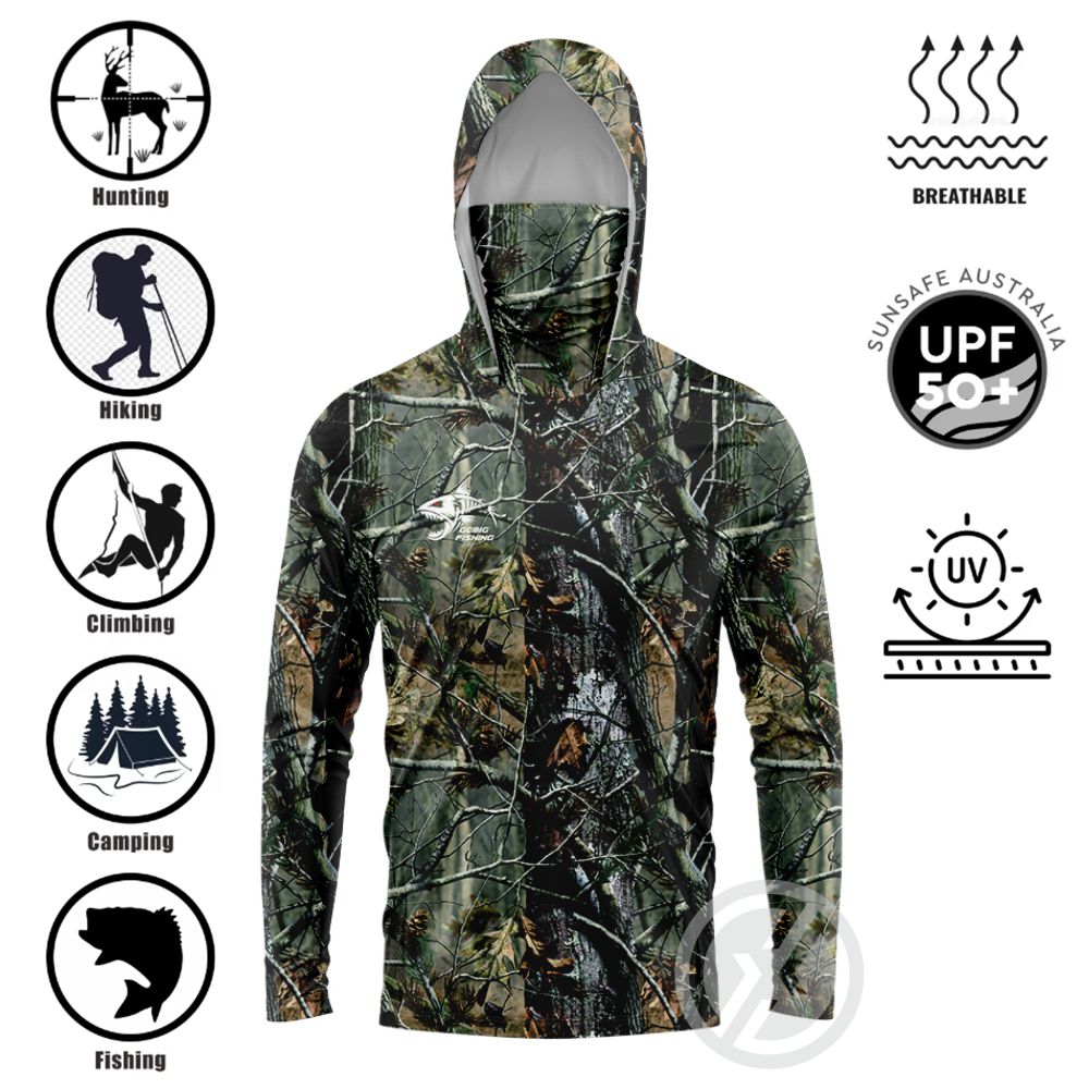 Tee Graphic Print - เสื้อตกปลาแบบมีฮู้ด UPF50+ พร้อมผ้าคลุมหน้าในตัว ลายพิมพ์ 3D รูปปลาฉลาม