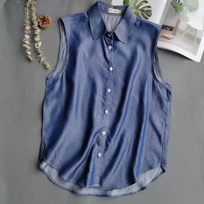 Shirt Camp Collar - เสื้อเชิ้ตยีนส์แขนกุดสีน้ำเงินสำหรับผู้หญิง ปกเสื้อติดกระดุมด้านหน้า เสื้อเชิ้ตลำลองสำหรับฤดูร้อน
