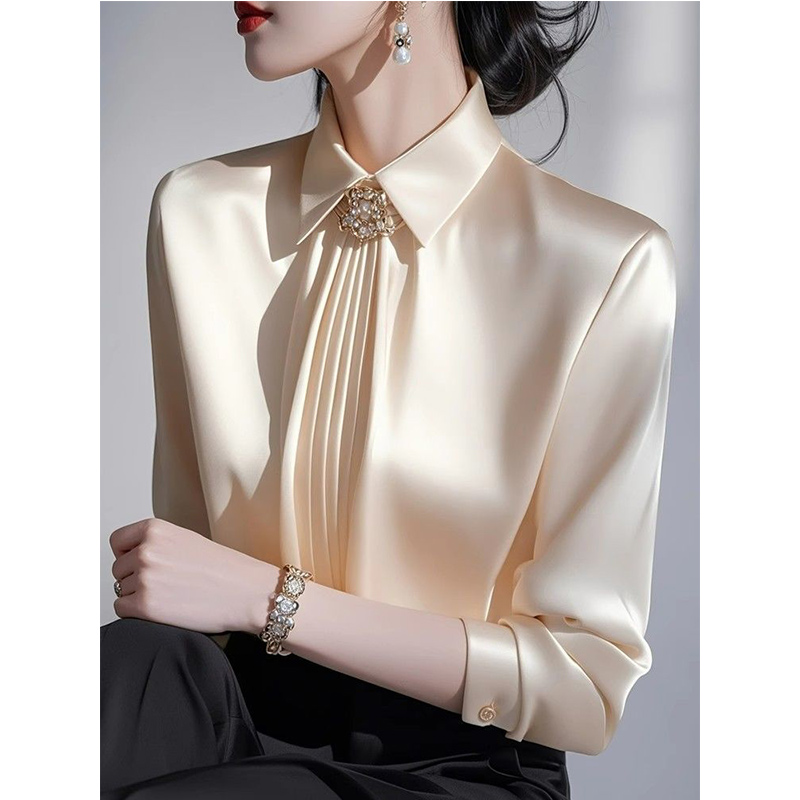 Shirt Camp Collar - 2025 ฤดูใบไม้ผลิใหม่อารมณ์ซาตินเสื้อสุภาพสตรี Lady เรียบง่ายจีบ Turn-Down COLLAR