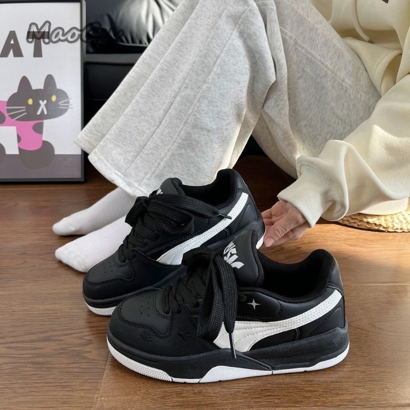 Vans Shoes Old Skool - รองเท้าสเก็ตบอร์ดหนังสีดำขาวสำหรับผู้หญิง แบบผูกเชือก สไตล์ลำลอง สตรีทแวร์ ระบายอากาศได้ดี กันลื่น
