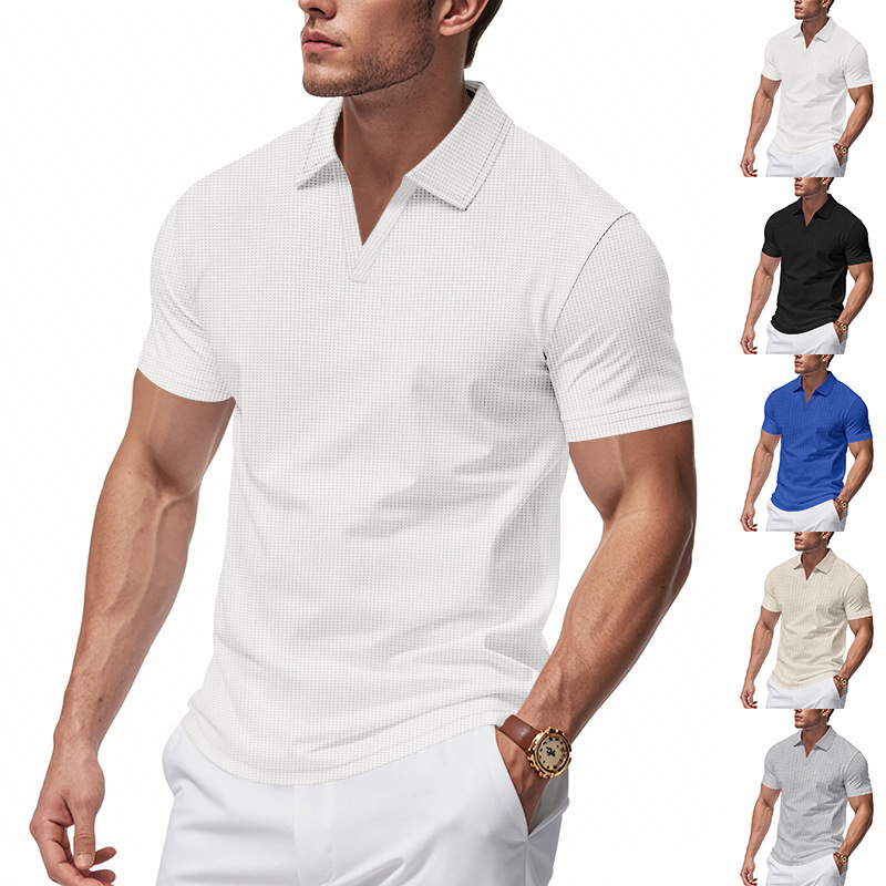 Shirt Camp Collar - เสื้อโปโลผู้ชายแบบใหม่สำหรับฤดูร้อนปี 2026 ระบายอากาศได้ดี สีพื้น ลายวาฟเฟิล แขนสั้น