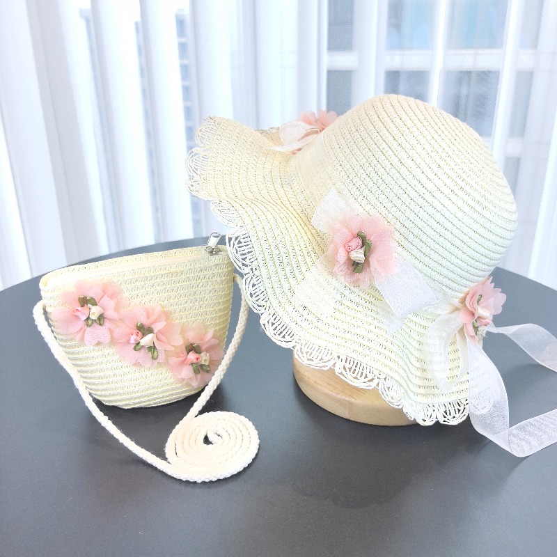 Bucket Hat Straw - หมวกฟางเด็กผู้หญิง 2 ชิ้น สีพื้น สำหรับเดินทางกลางแจ้ง หมวกกันแดดลายดอกไม้