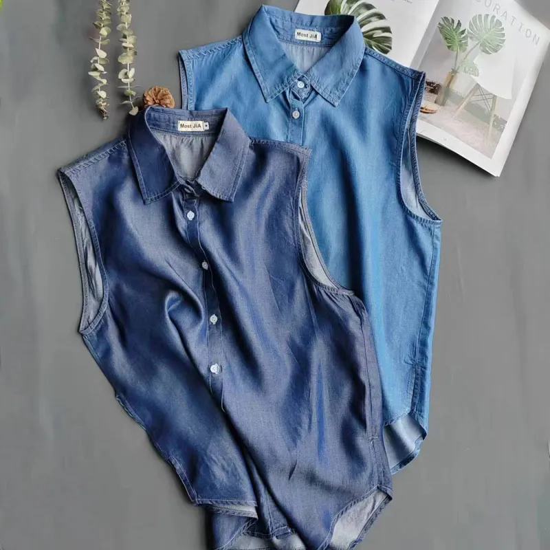เสื้อเชิ้ตยีนส์แขนกุดสีน้ำเงิน - Shirt Camp Collar บทวิจารณ์และราคา