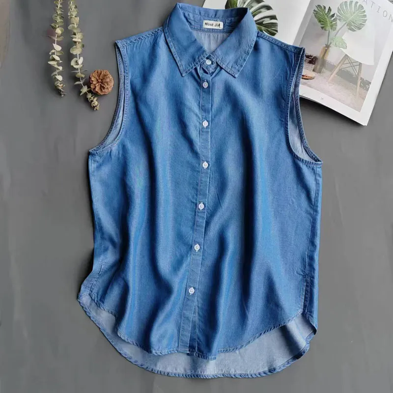 เสื้อเชิ้ตยีนส์แขนกุดสีน้ำเงิน - Shirt Camp Collar บทวิจารณ์และราคา